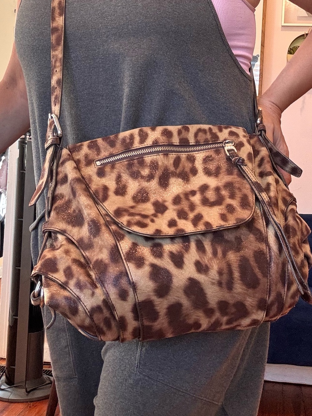 Kooba Leopard Print Shoulder Bag in Brown and Tan